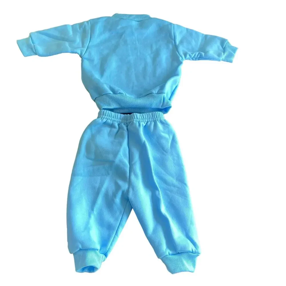 Vintage Kid Fusion Baby 2 Piece Outfit 0-6M Blue Fleece Lined Satin Embroidered
